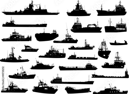 Set of 26 silhouettes of sea yachts, towboat and the ships