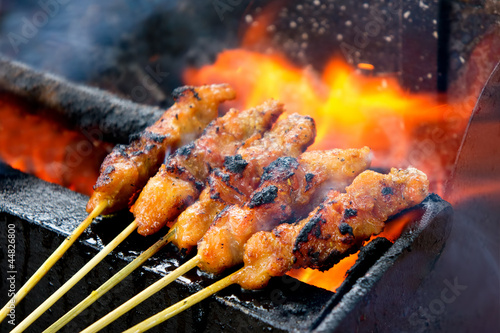 Delicious Asian Cuisine, Malaysia Chicken Satay Cooking on a Hot
