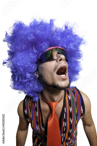 crazy guy with sunglasses and blue wig