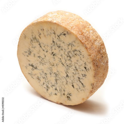 Stilton cheese isolated on a white studio background.