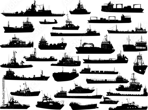 Set of 32 silhouettes of sea yachts, towboat and the ships