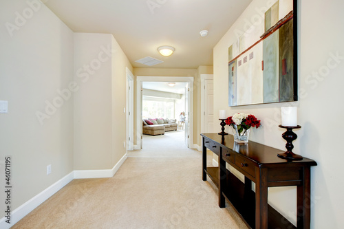 Large home hallway with art and furniture.