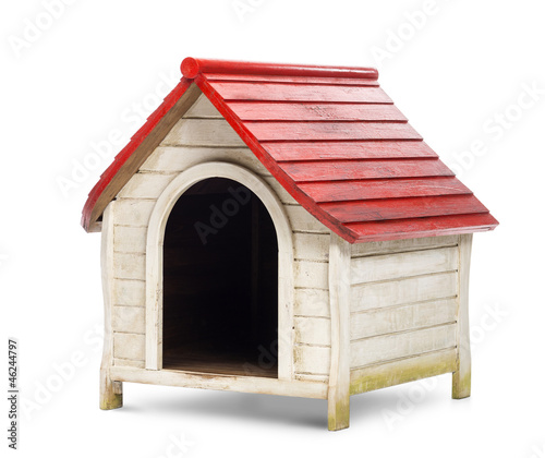 Red and white kennel against white background