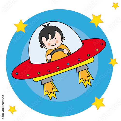 Niño volando en una nave espacial