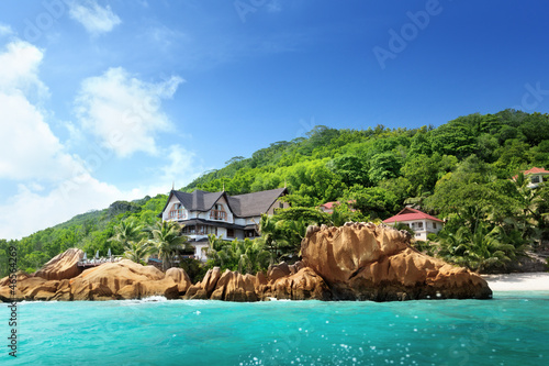 Hotel on tropical beach, La Digue, Seychelles