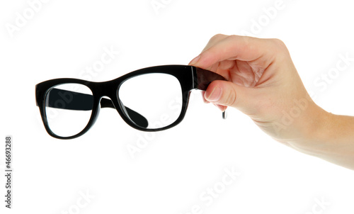 woman hand with black glasses, isolated on white