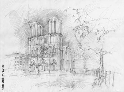 Pencil drawing of the historic facade of Notre dame, Paris