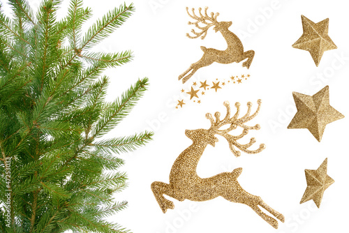 Christmas twig, gold reindeer and stars
