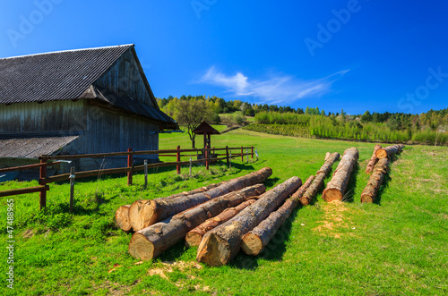 Wooden barn building timber field, Beskid Niski Mountains