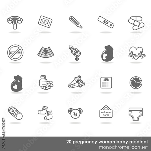 zestaw 20 ikon zdrowie ciąża kobieta dziecko monochrom