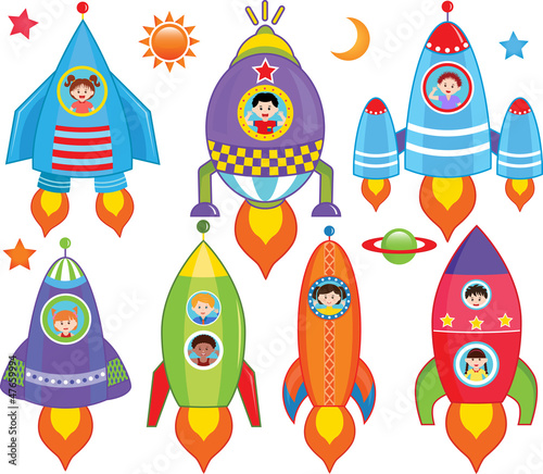 Vector collection of Kids inside Spaceship, Spacecraft, Rocket