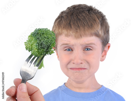 Boy and Healthy Broccoli Diet on White