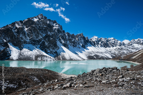 Sacred Lake and peaks near Gokyo in Himalayas