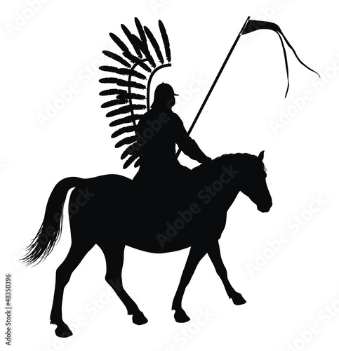Medieval warrior with flag on horseback vector silhouette