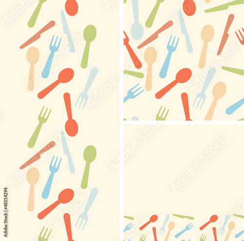 Vector set of three silverware seamless patterns and borders