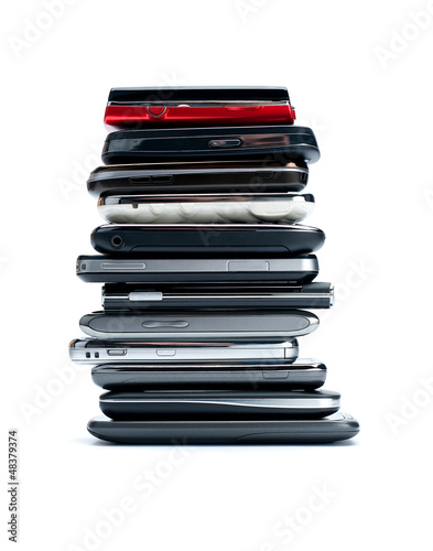 stack mobile phone on white background