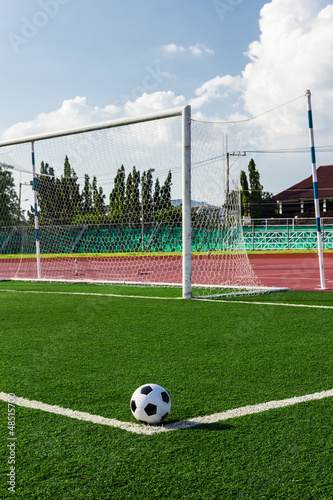 soccer ball on green grass in front of goal net