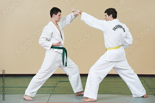 Two man at taekwondo exercises