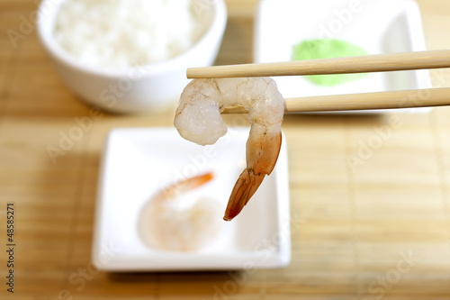 Sushi shrimp closeup on bamboo mat