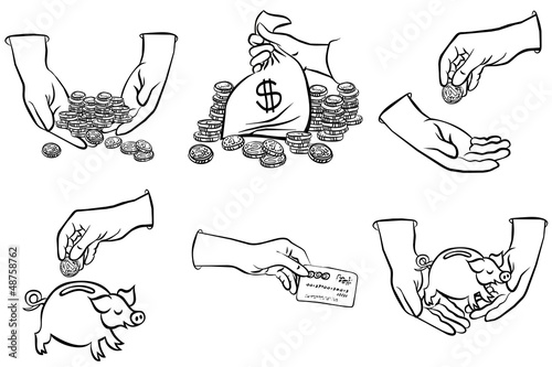 pieniądze w rękach zestaw czarno białych ilustracji finansowych