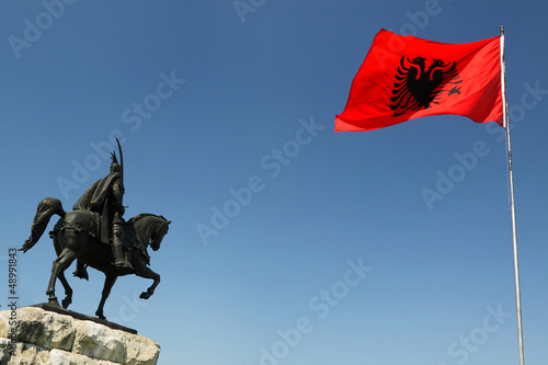 Tirana, Albania, Skanderbeg Monument and National Flag
