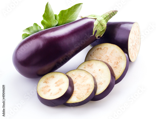 aubergine with leaves isolated on white