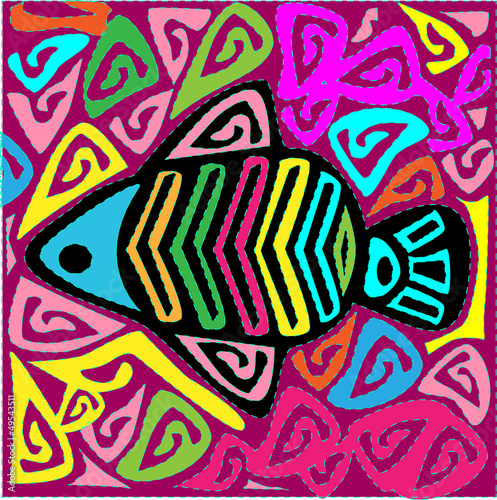 illustration of mola fish -folk art native kuna -vector