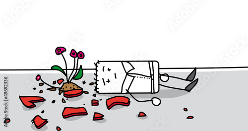 Personnage assommé par un pot de fleurs tombé d'un balcon