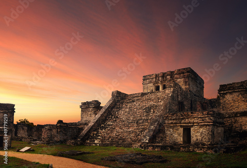 Castillo fortress at sunset in the ancient Mayan city of Tulum,