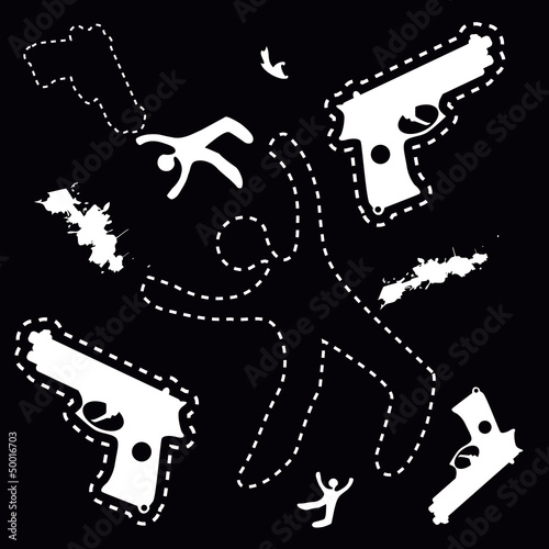 Silhouette of the dead man and gun on the ground, vector backgro