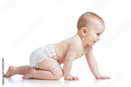 side view of pretty crawling baby