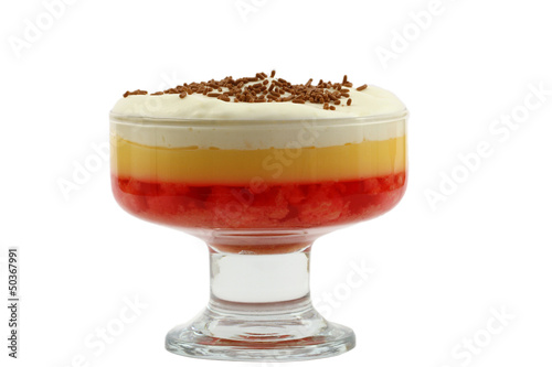 English strawberry trifle in sundae glass isolated on white