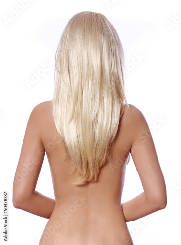 blonde hair, back side of young woman with straight blonde hair