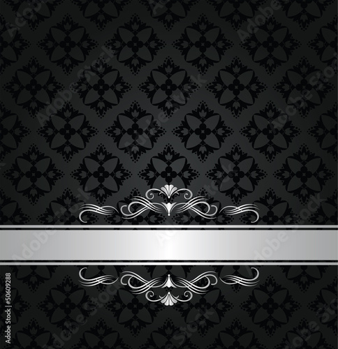 Silver banner on black floral seamless pattern