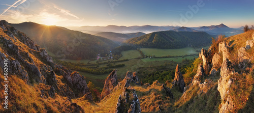 Spring mountain panorama in Slovakia with sun