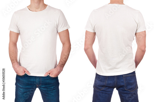 Front and back view of young man wearing blank white t-shirt