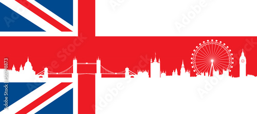 British flag with very detailed silhouette London skyline