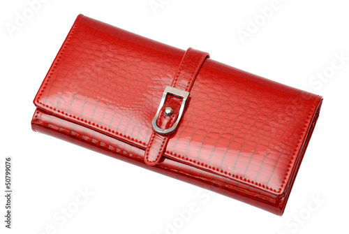 Woman red glossy wallet on the white background