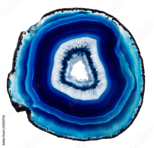 Slice of blue agate crystal on white background