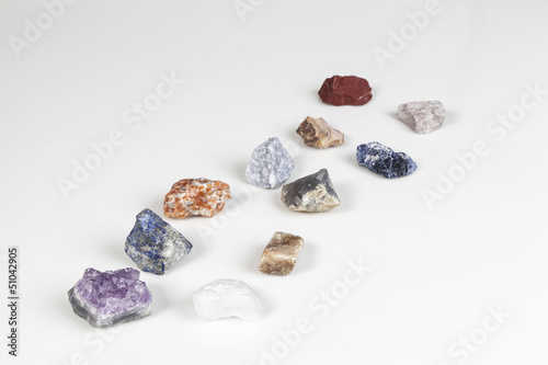 composition of various crystals on white background.