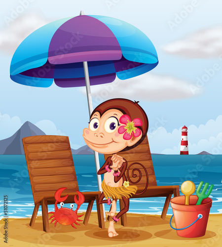 A monkey in a hawaiian attire at the beach