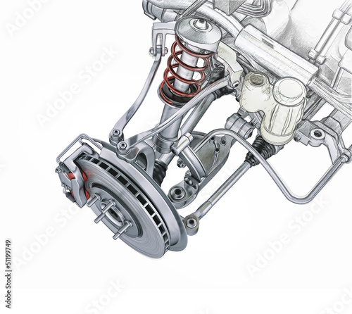 Multi link front car suspension, with brake. Photorealistic 3 D