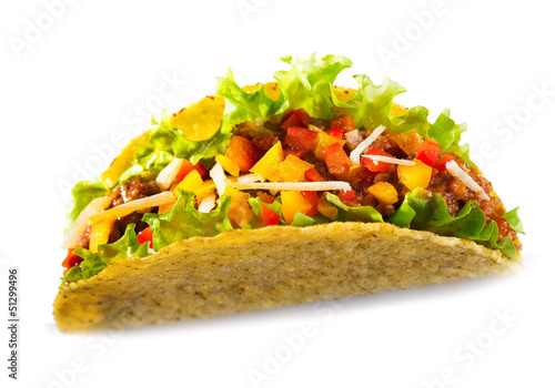 taco with meat vegetables on white background