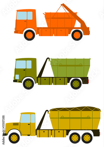 Ciężarówki budowlane z kontenerami do gruzu i śmieci.