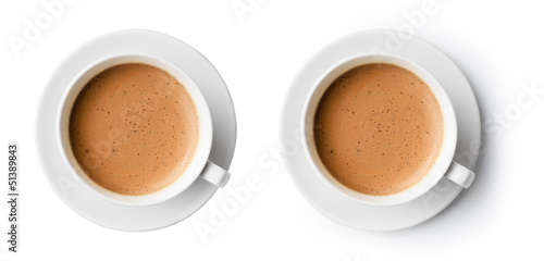 cup of coffee with beautiful foam isolated on white, top view