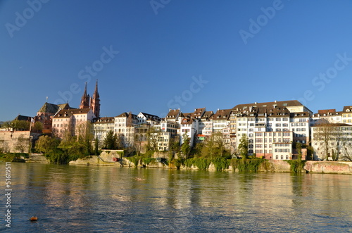 View of Basel and its Cathedral from the river Rhine