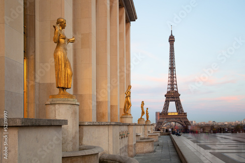 Paris, Sculptures on Trocadero with Eiffel Tower view, France