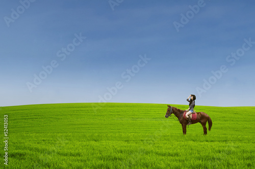 Beautiful horse rider at green field