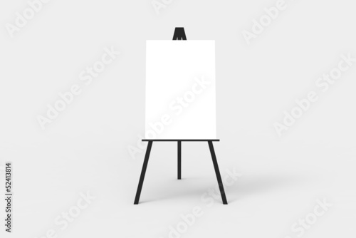 A black easel with a blank white canvas on it.