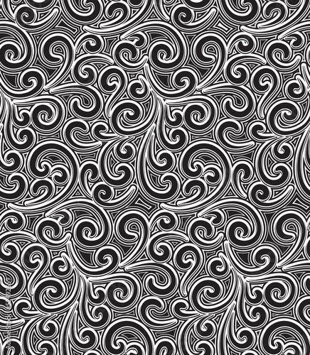 Absract floral swirls, black and white seamless pattern